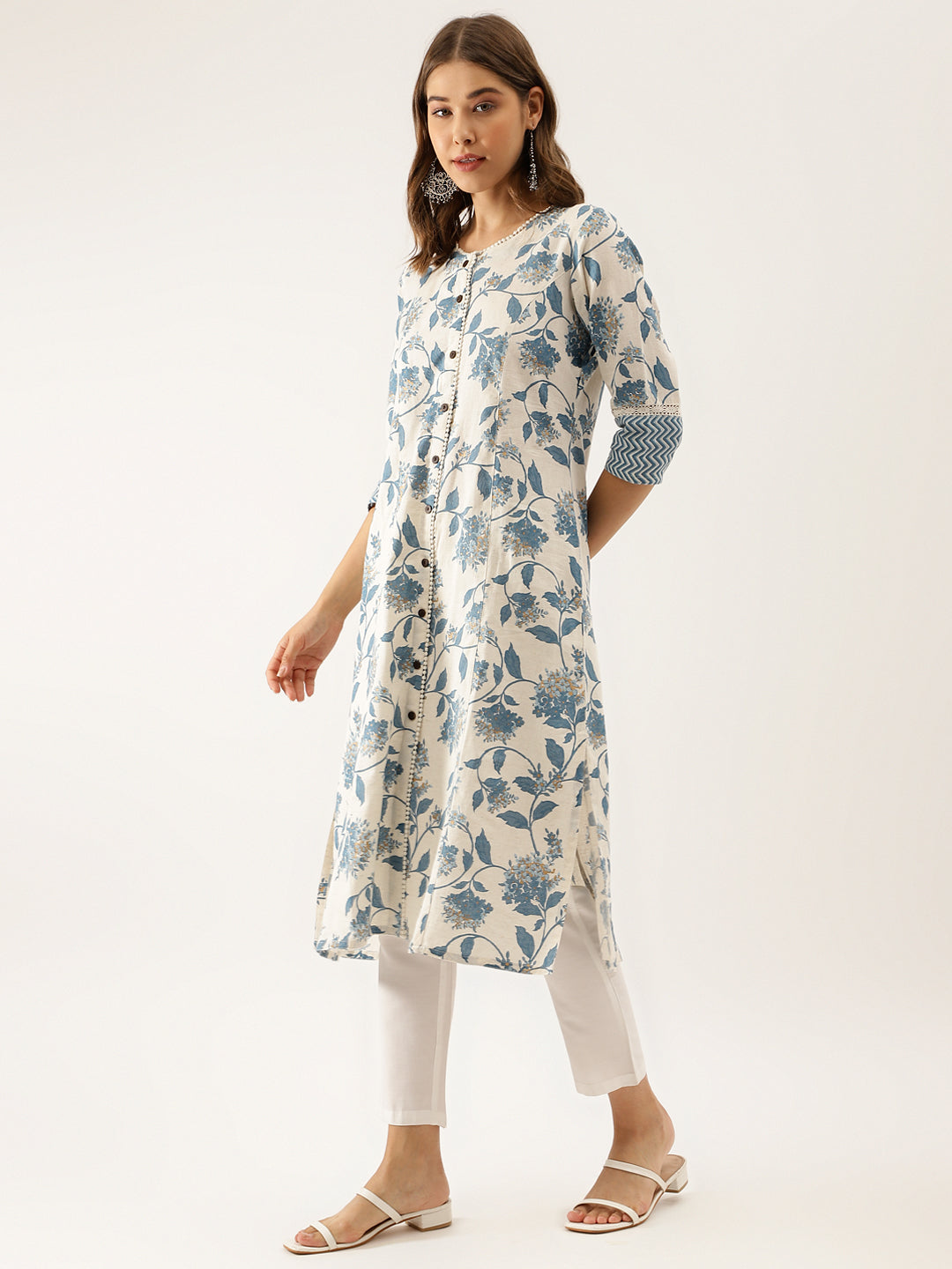 Women's Blue Floral Printed A-line Kurta - Taantav