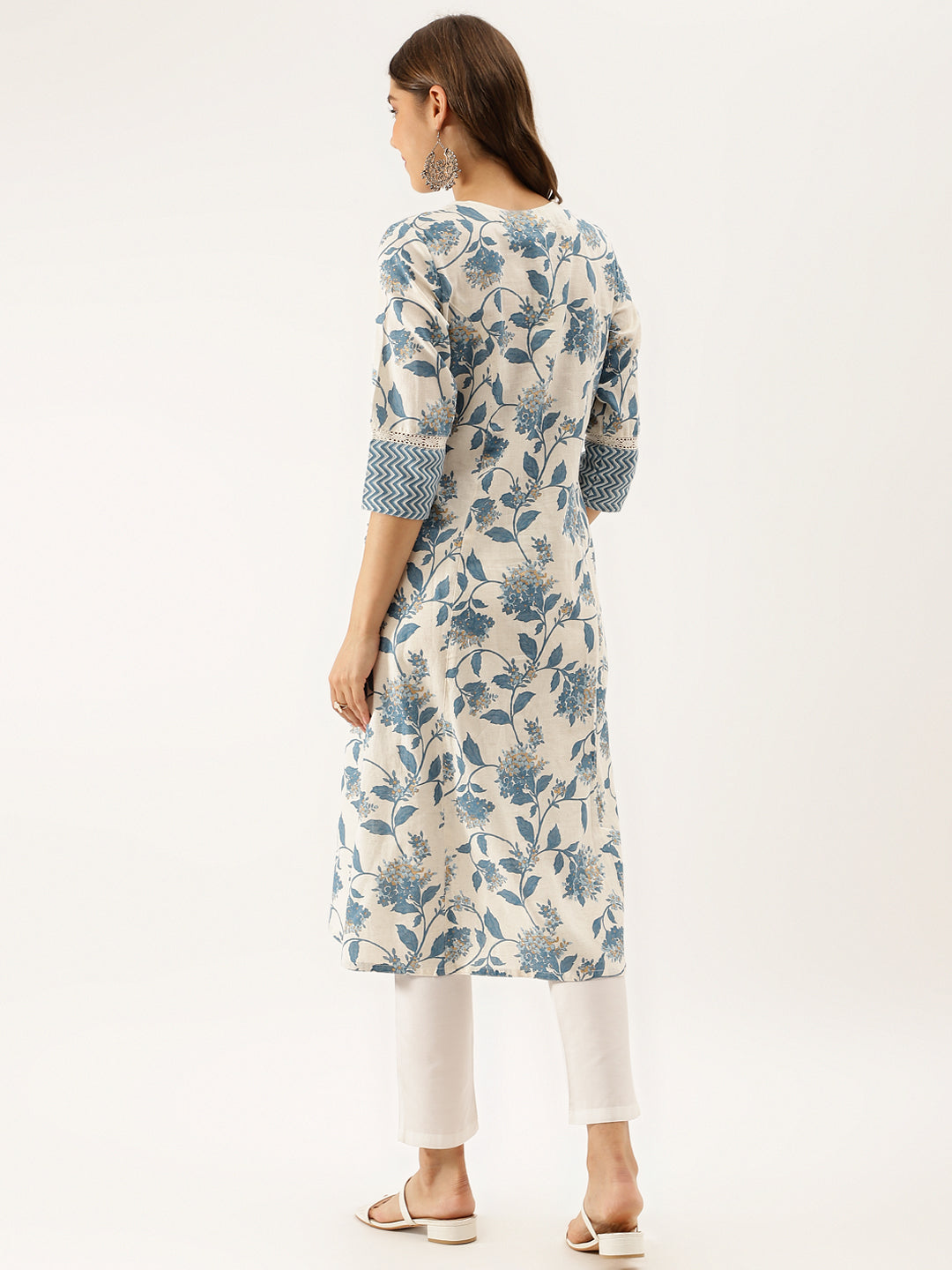 Women's Blue Floral Printed A-line Kurta - Taantav