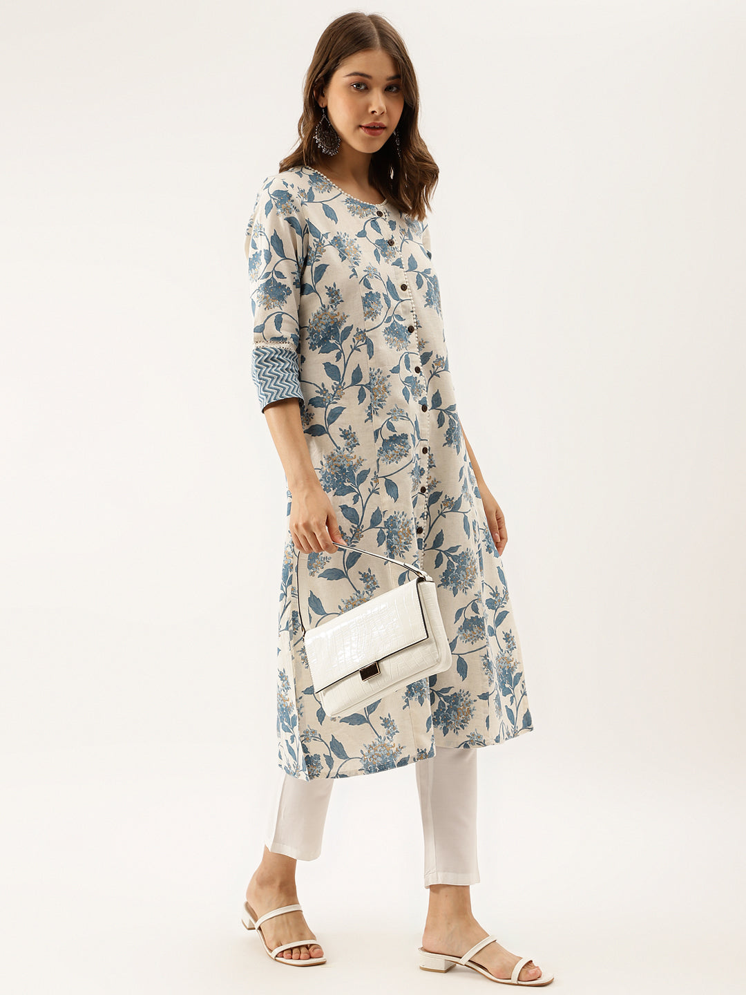 Women's Blue Floral Printed A-line Kurta - Taantav