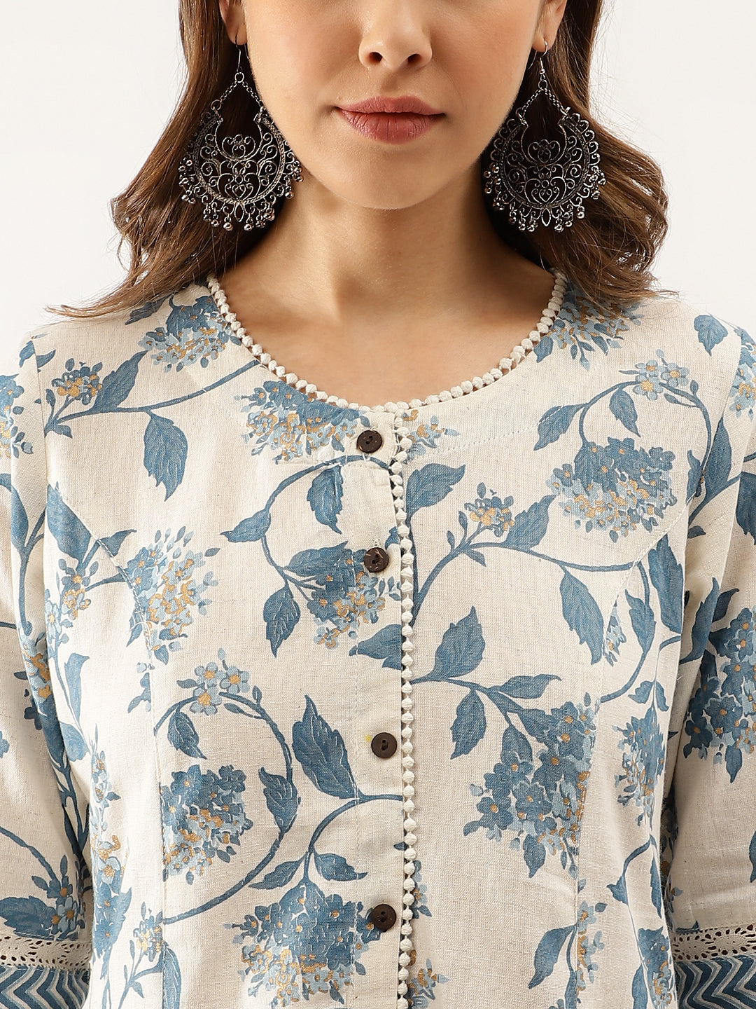 Women's Blue Floral Printed A-line Kurta - Taantav