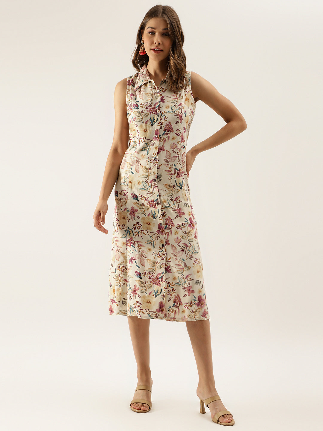 Women's Cream Floral Printed Rayon Midi Dress With Attached Sleeves