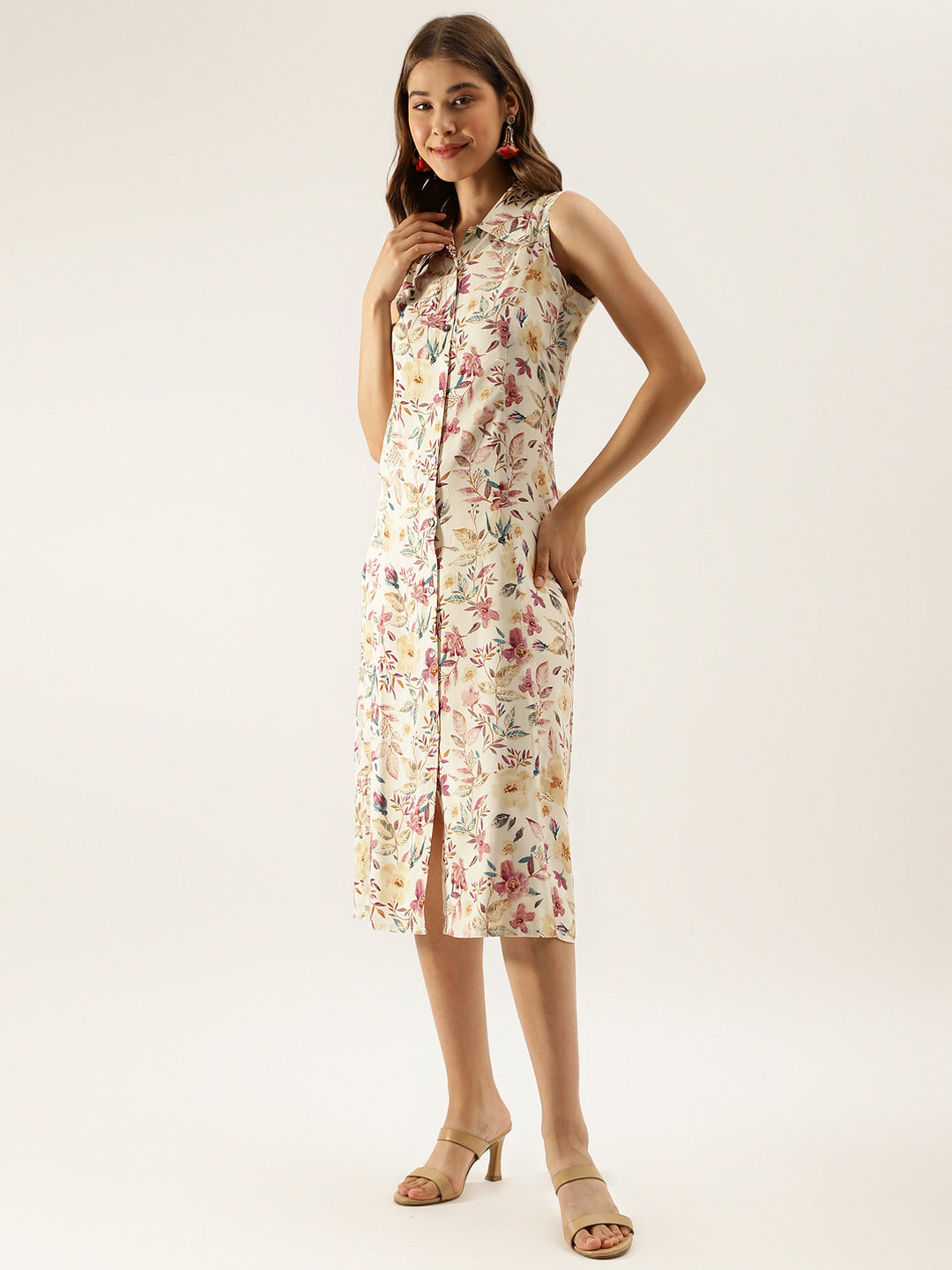Women's Cream Floral Printed Rayon Midi Dress With Attached Sleeves
