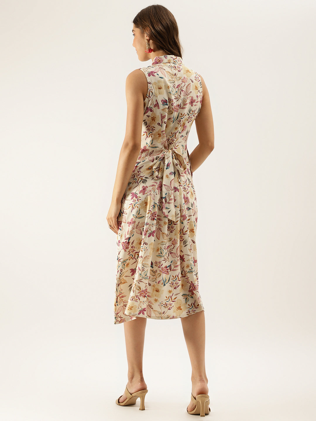 Women's Cream Floral Printed Rayon Midi Dress With Attached Sleeves