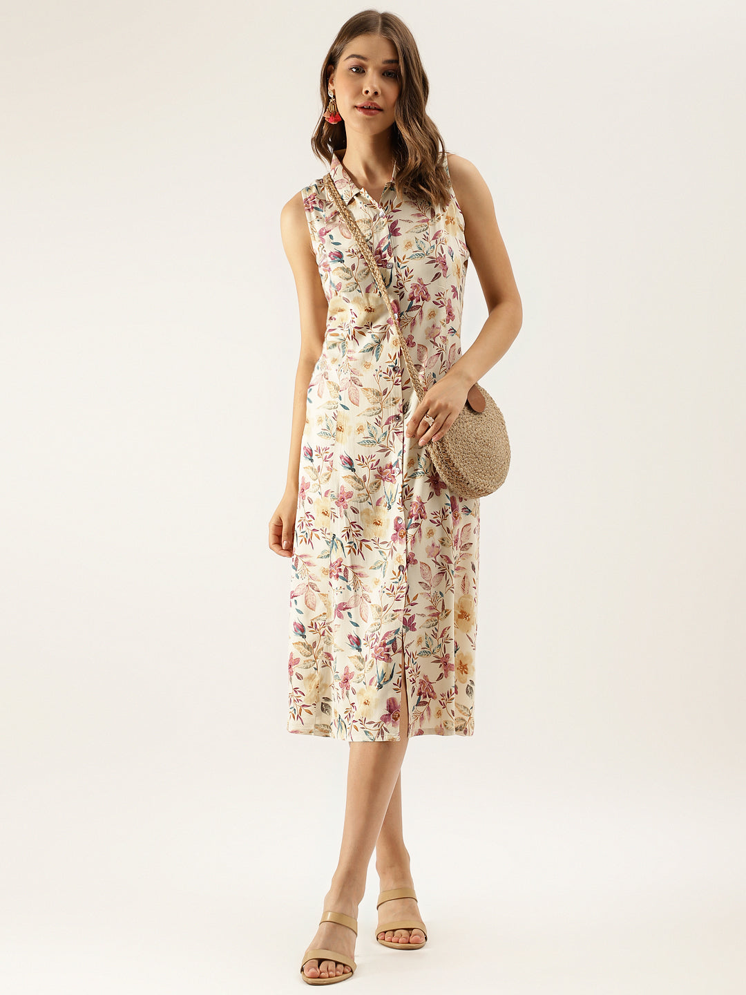 Women's Cream Floral Printed Rayon Midi Dress With Attached Sleeves