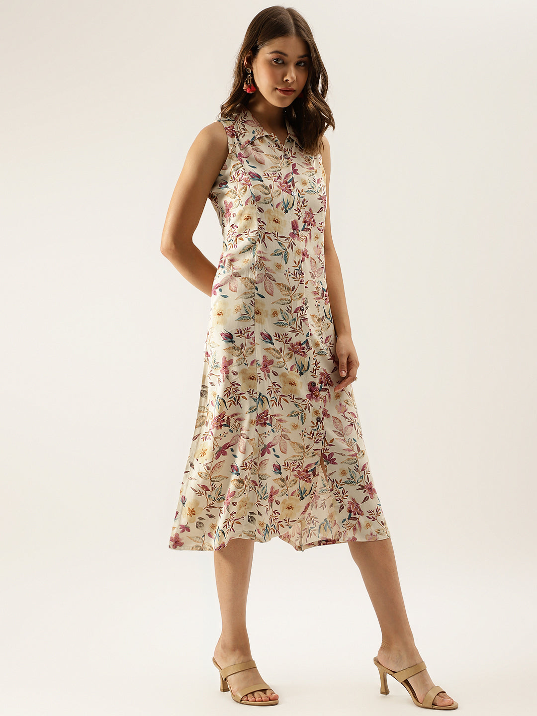 Women's Cream Floral Printed Rayon Midi Dress With Attached Sleeves
