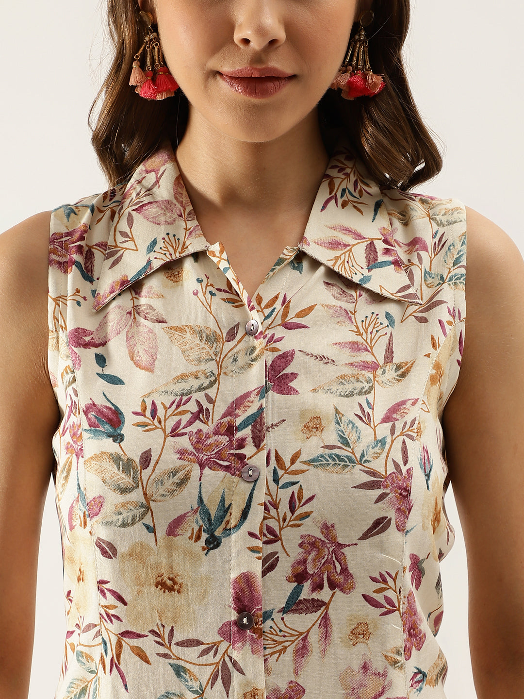 Women's Cream Floral Printed Rayon Midi Dress With Attached Sleeves