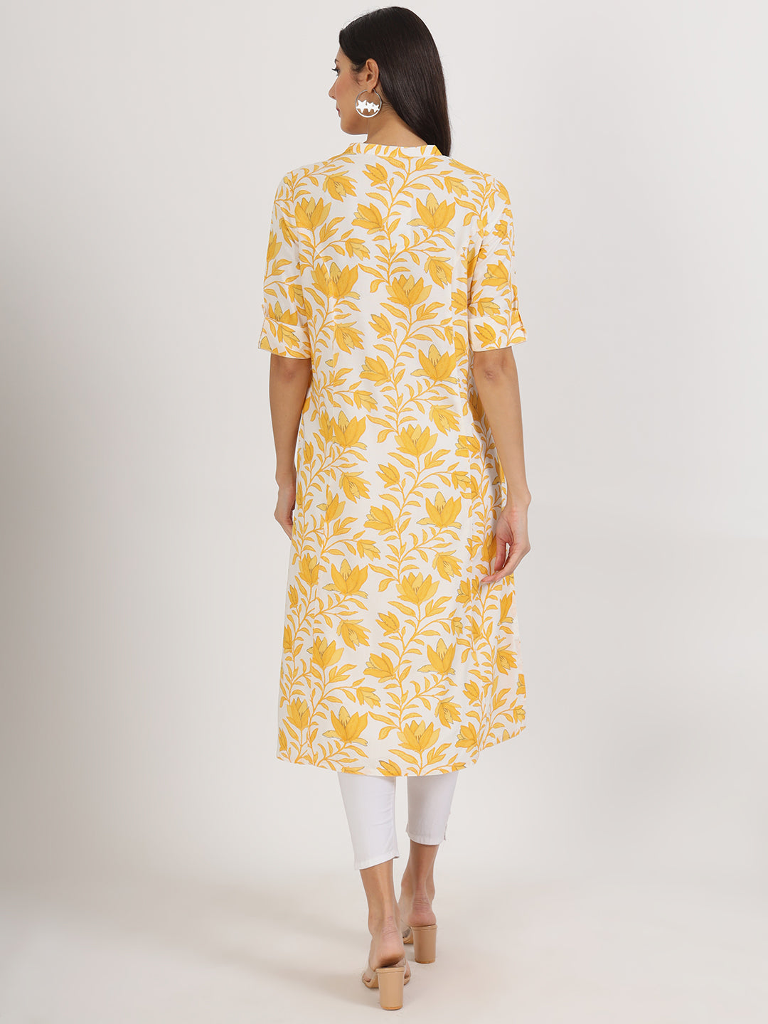 Women's Yellow Floral Printed Rayon A-line Kurta - Taantav