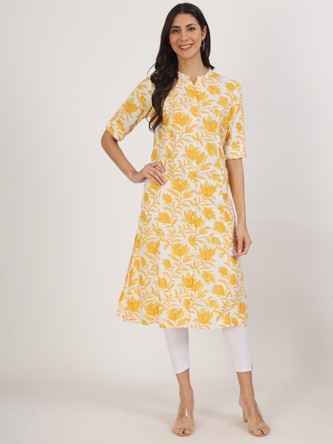 Women's Yellow Floral Printed Rayon A-line Kurta - Taantav