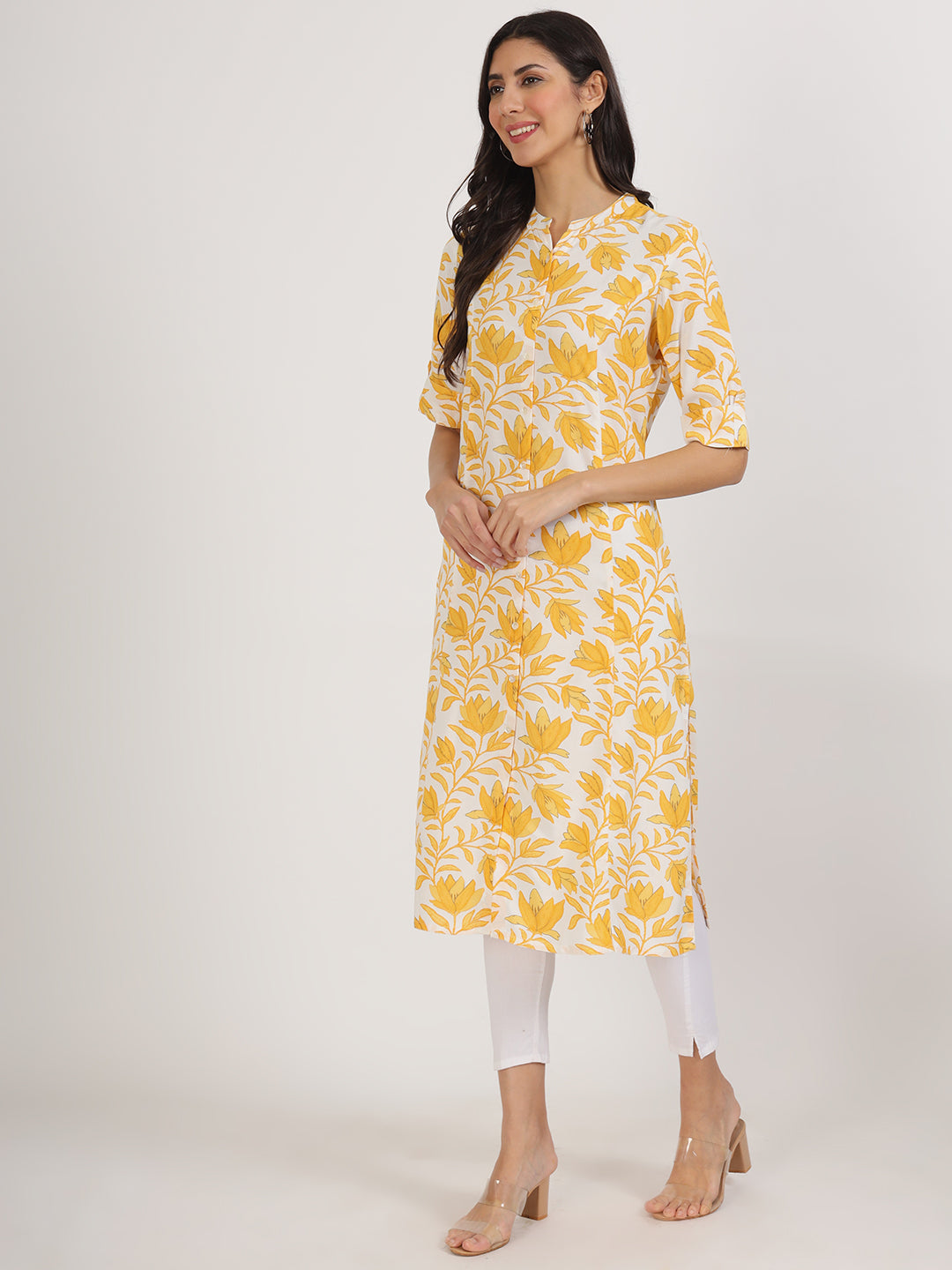 Women's Yellow Floral Printed Rayon A-line Kurta - Taantav