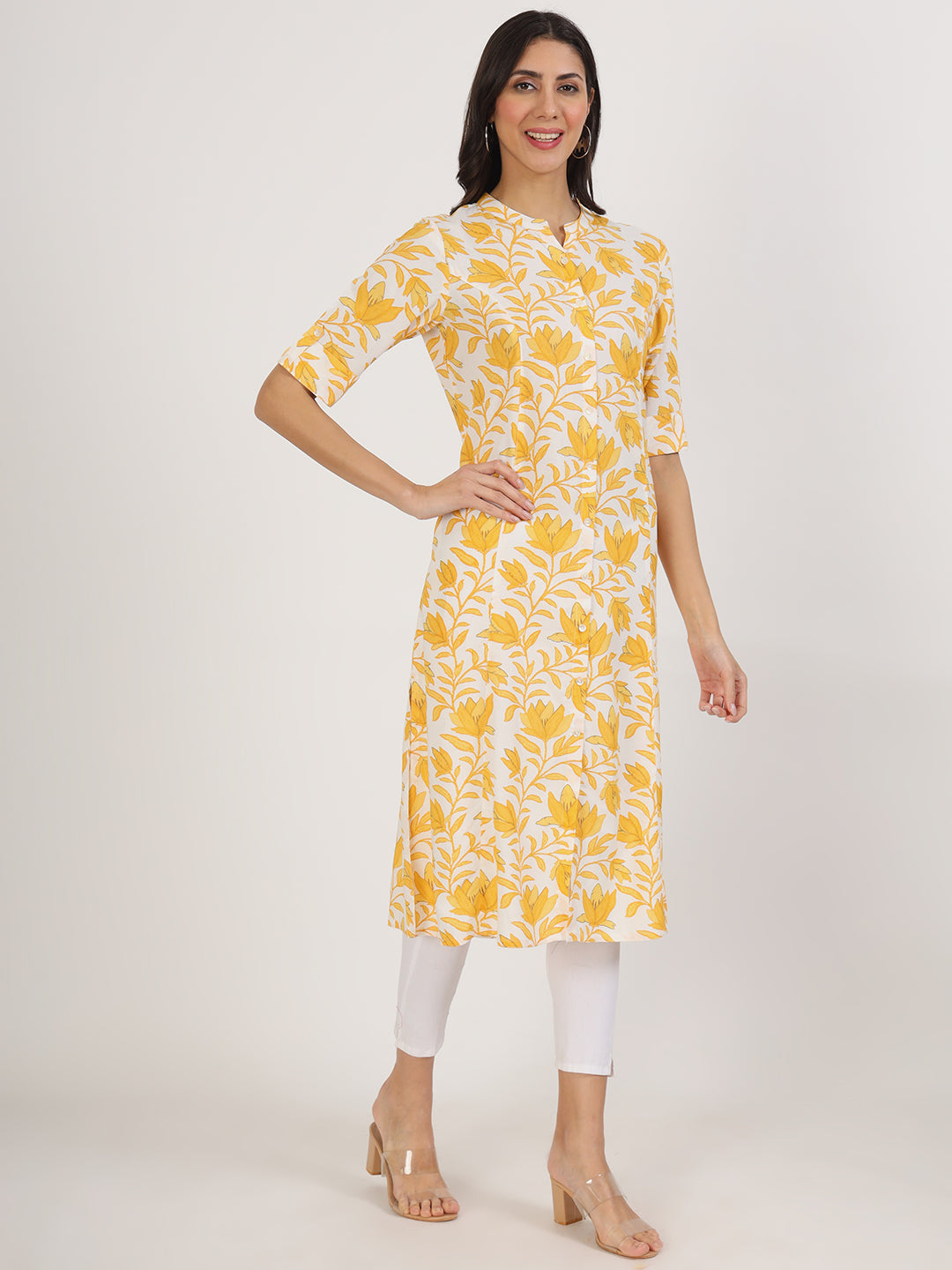 Women's Yellow Floral Printed Rayon A-line Kurta - Taantav