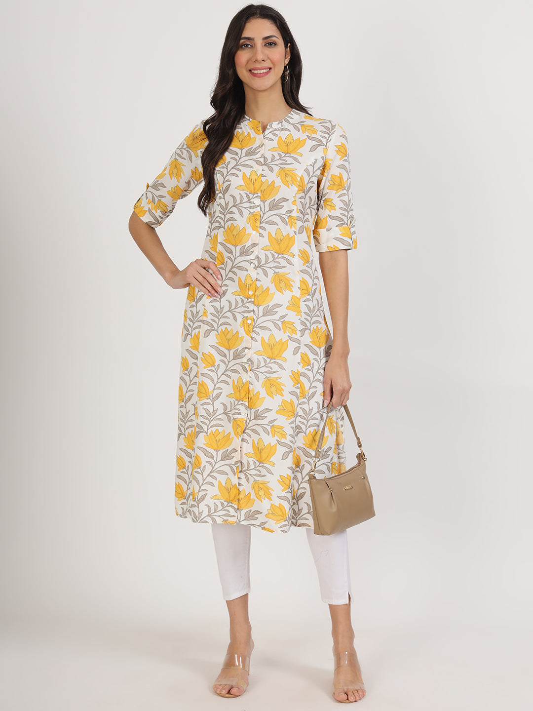 Women's Yellow Floral Printed Rayon A-line Kurta - Taantav