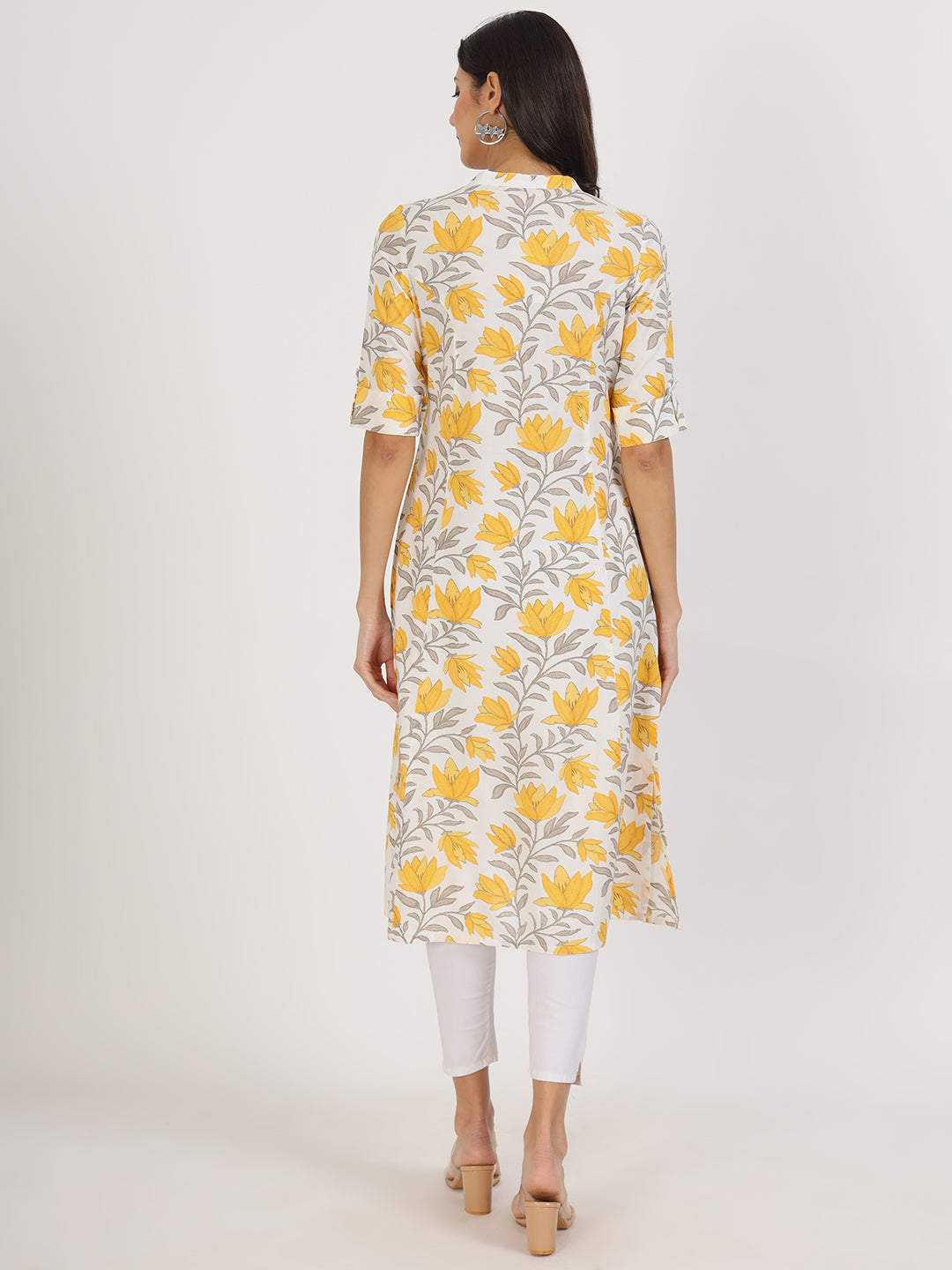 Women's Yellow Floral Printed Rayon A-line Kurta - Taantav