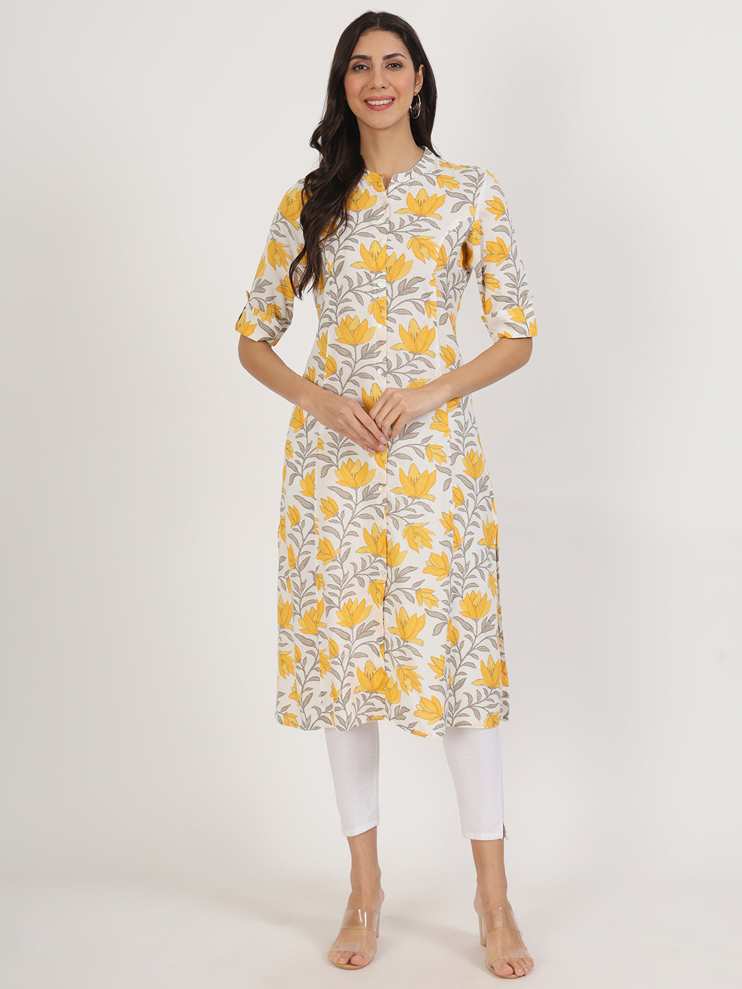 Women's Yellow Floral Printed Rayon A-line Kurta - Taantav