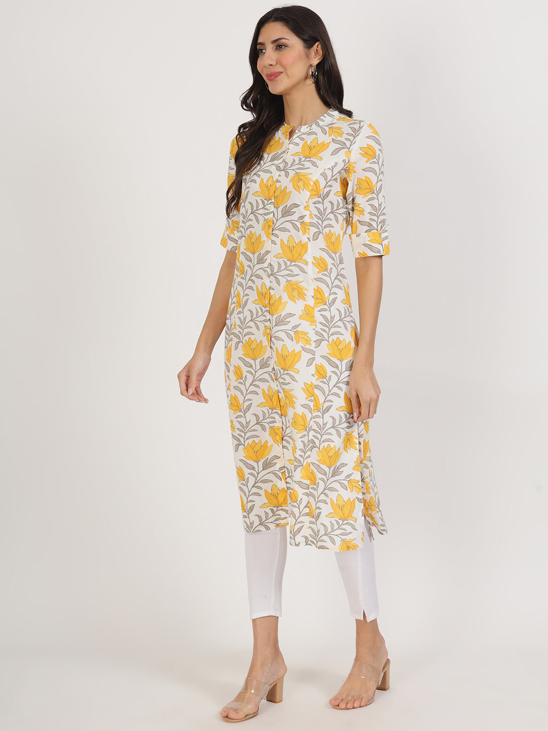 Women's Yellow Floral Printed Rayon A-line Kurta - Taantav