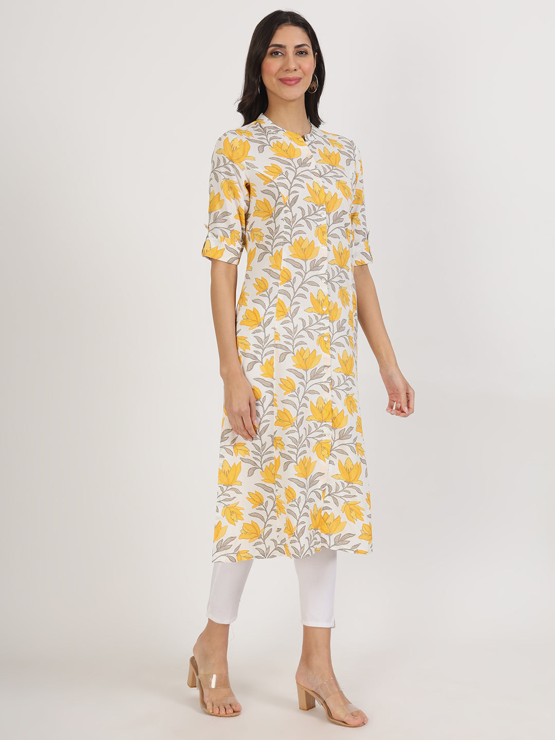 Women's Yellow Floral Printed Rayon A-line Kurta - Taantav