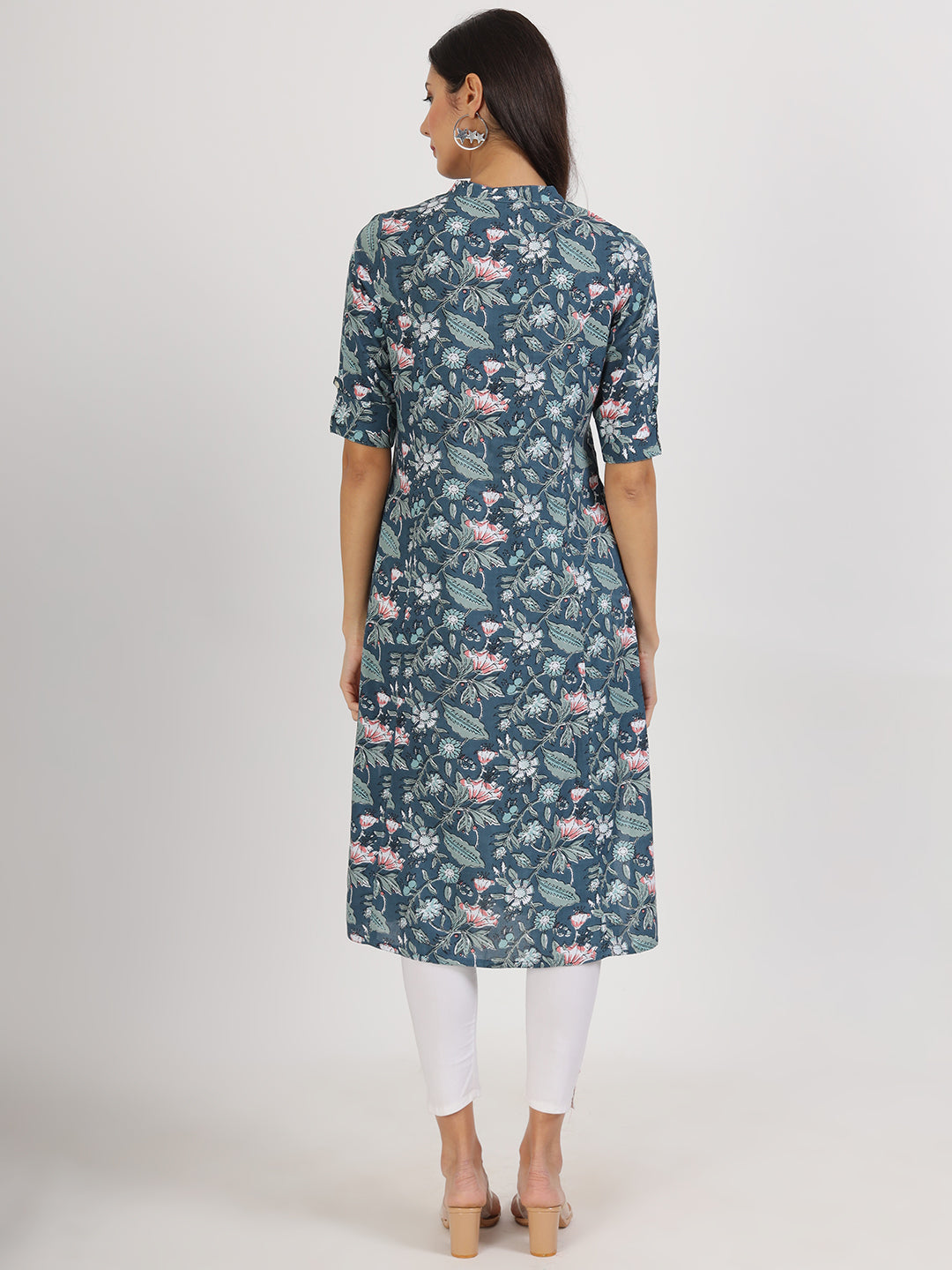 Women's Navy Blue Floral Printed Rayon A-line Kurta - Taantav