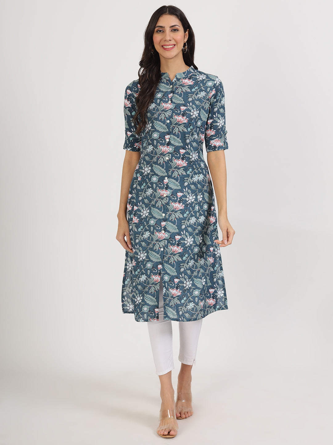 Women's Navy Blue Floral Printed Rayon A-line Kurta - Taantav