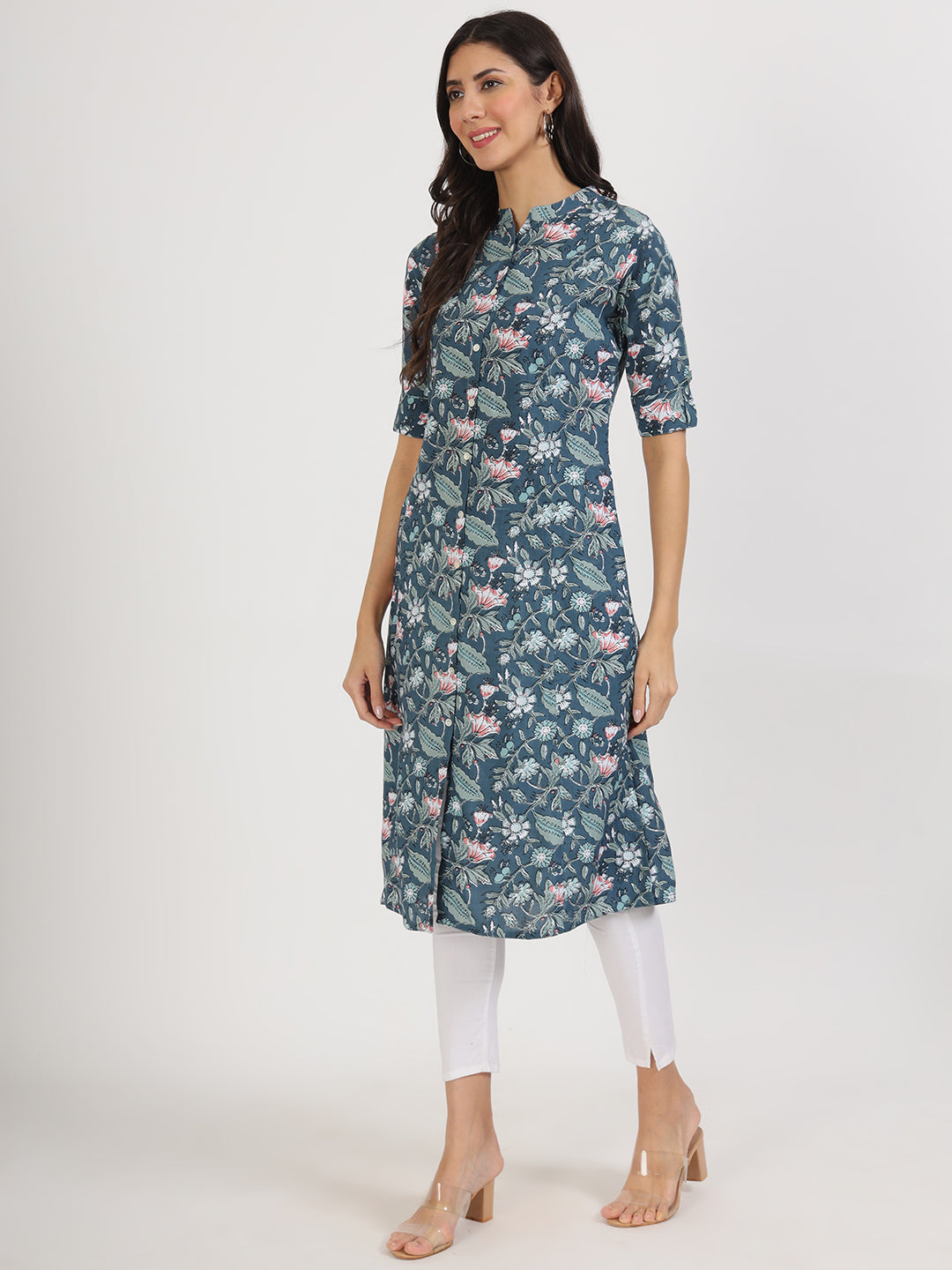 Women's Navy Blue Floral Printed Rayon A-line Kurta - Taantav