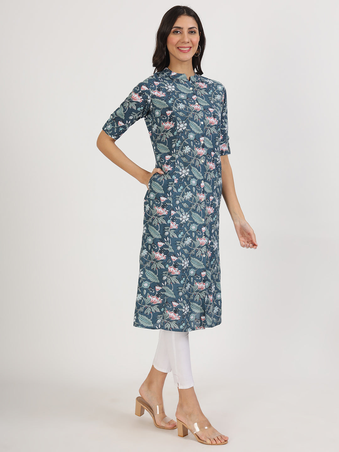 Women's Navy Blue Floral Printed Rayon A-line Kurta - Taantav