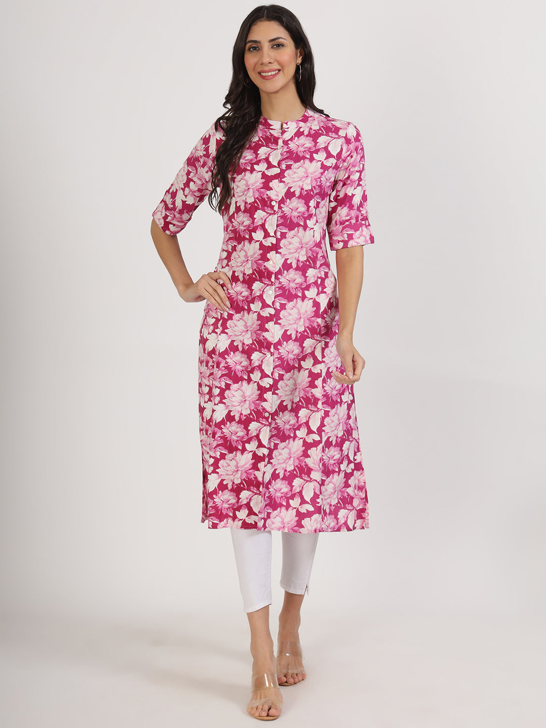 Women's Purple Floral Printed Rayon A-line Kurta - Taantav