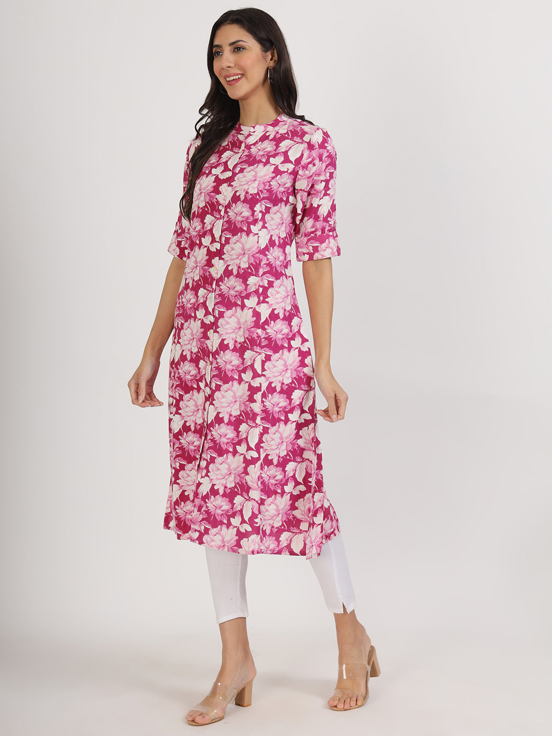 Women's Purple Floral Printed Rayon A-line Kurta - Taantav