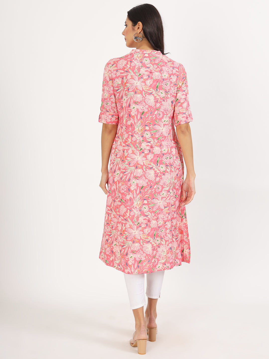 Women's Pink Floral Printed Rayon A-line Kurta - Taantav