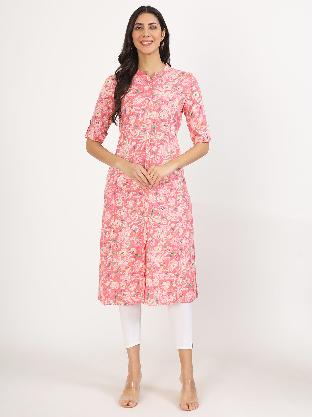 Women's Pink Floral Printed Rayon A-line Kurta - Taantav