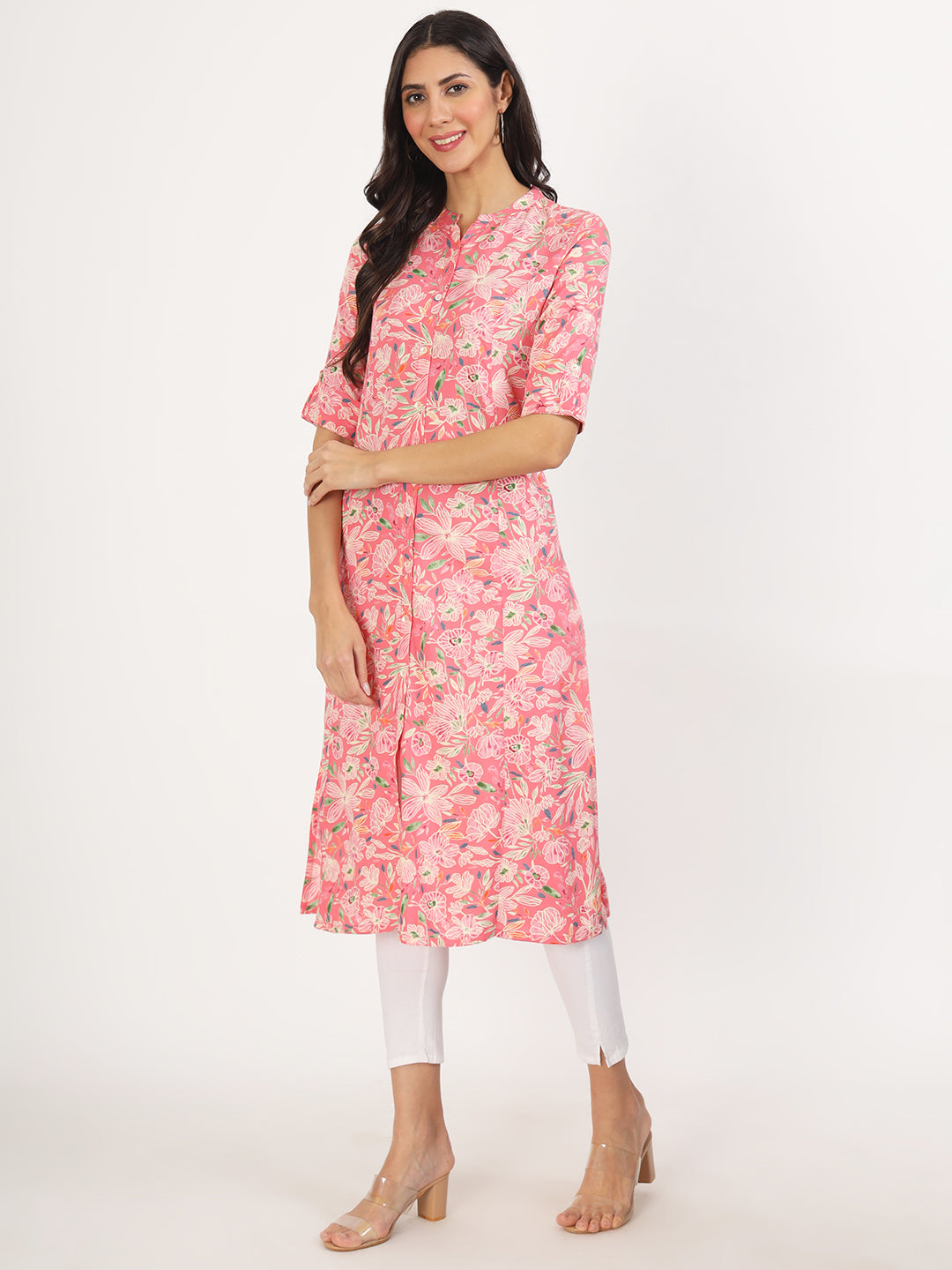 Women's Pink Floral Printed Rayon A-line Kurta - Taantav