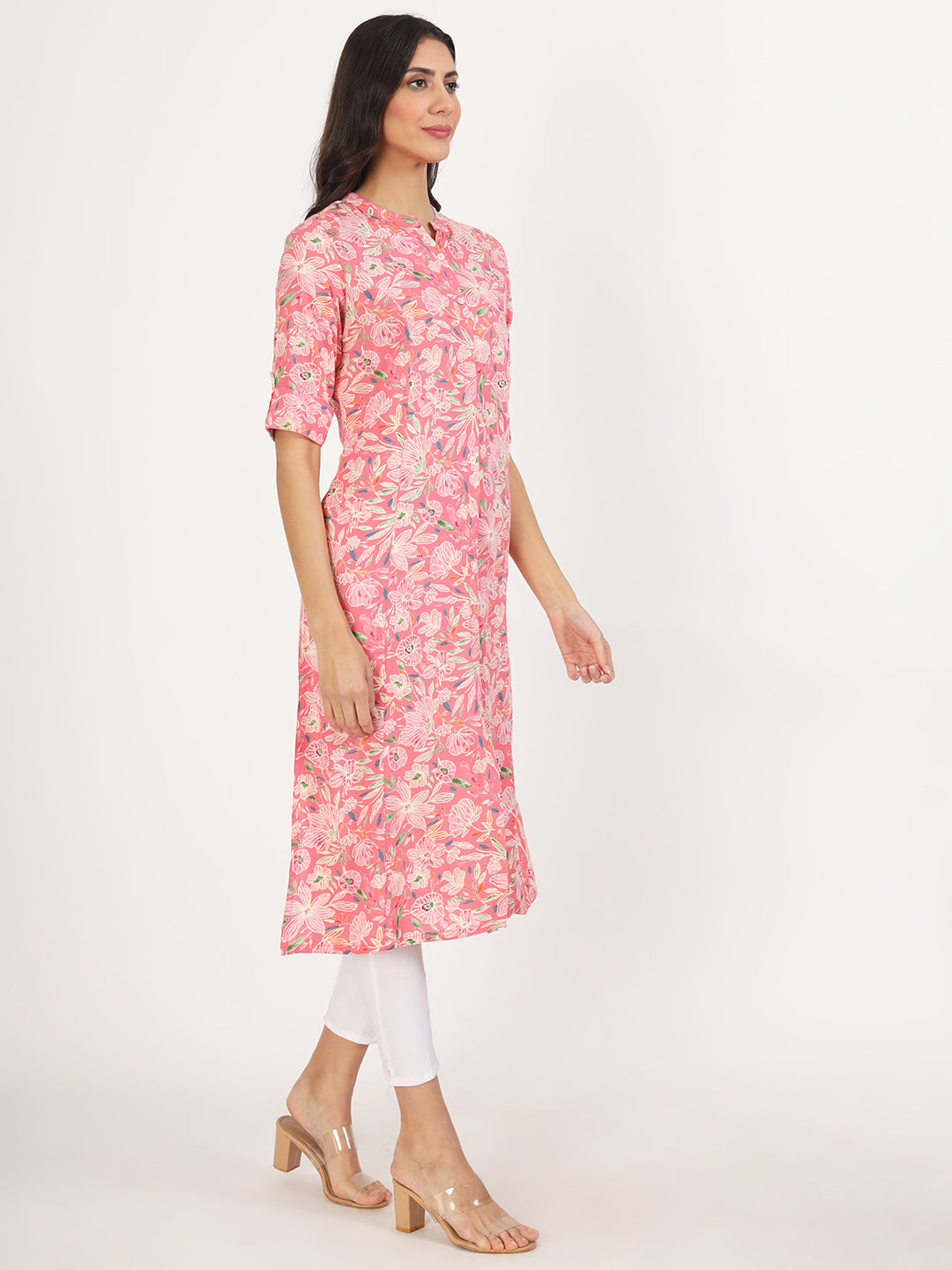 Women's Pink Floral Printed Rayon A-line Kurta - Taantav