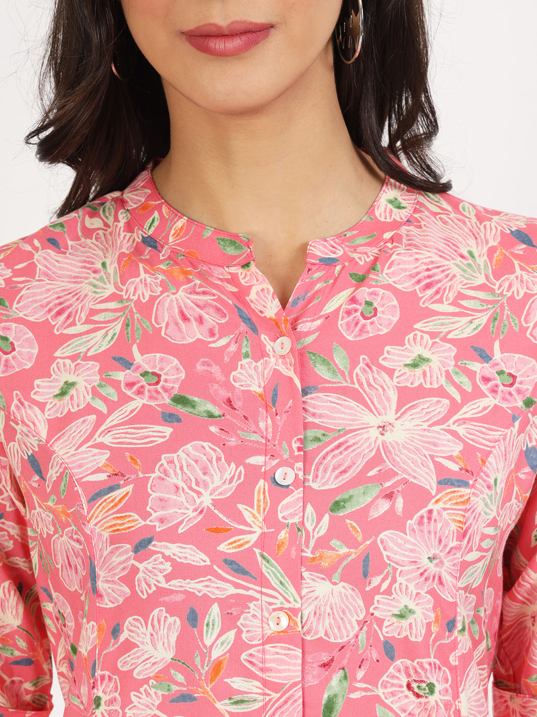 Women's Pink Floral Printed Rayon A-line Kurta - Taantav