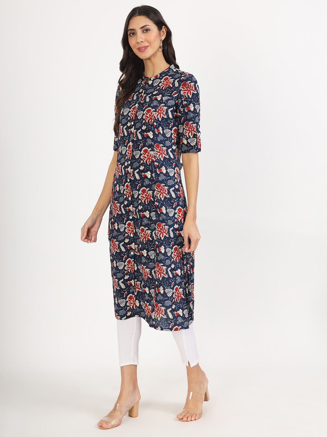 Women's Black Floral Printed Rayon A-line Kurta - Taantav