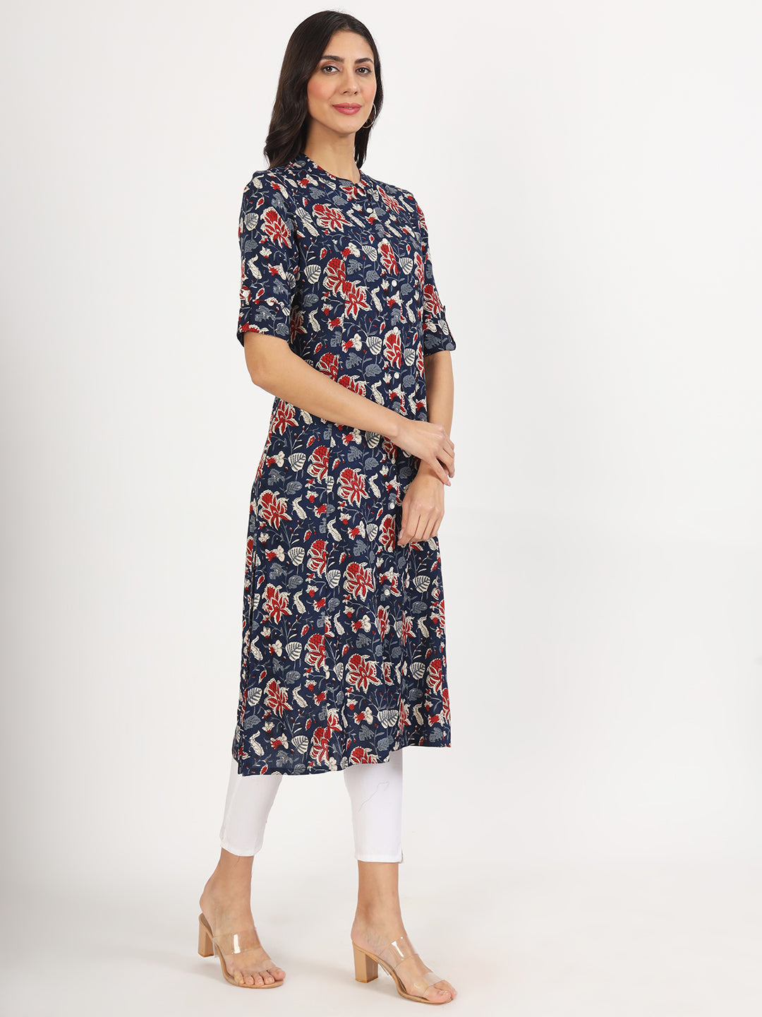 Women's Black Floral Printed Rayon A-line Kurta - Taantav