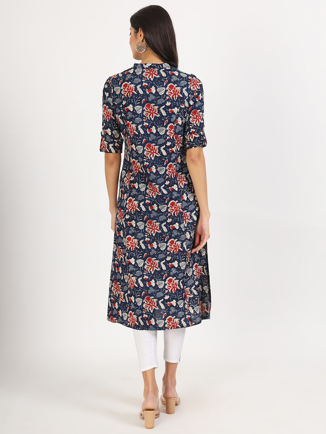 Women's Black Floral Printed Rayon A-line Kurta - Taantav