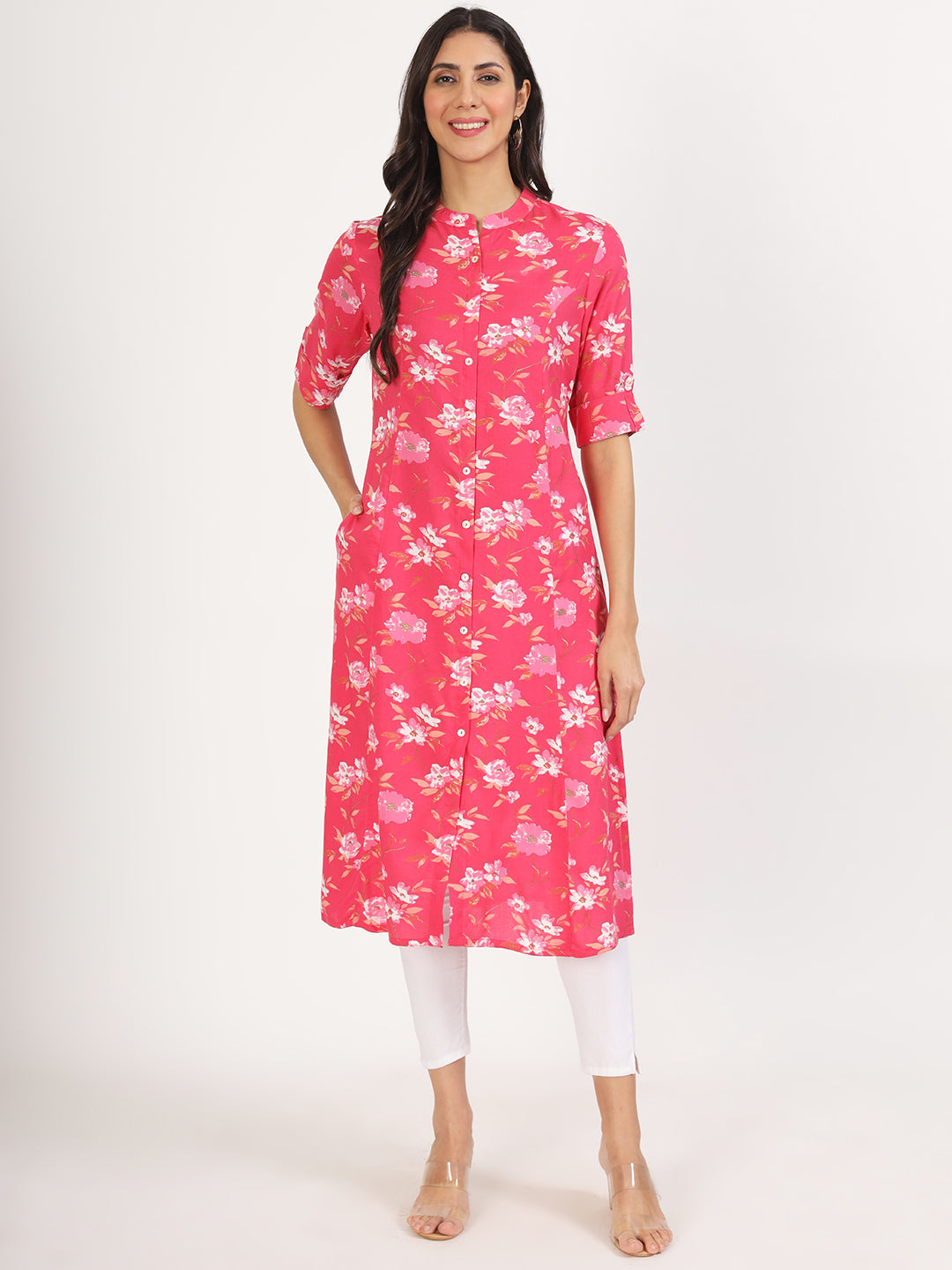 Women's Blue Floral Printed Rayon A-line Kurta - Taantav