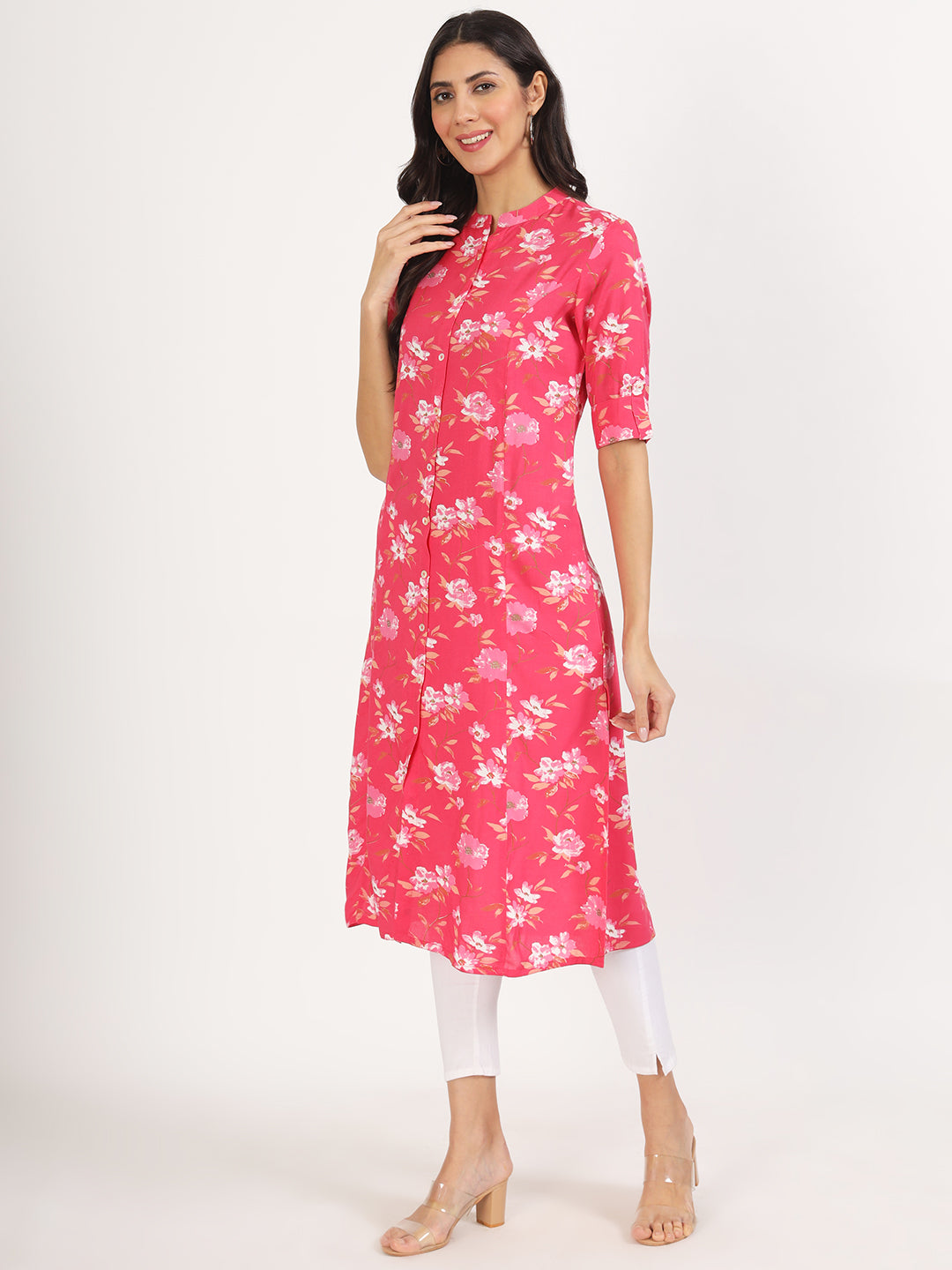 Women's Blue Floral Printed Rayon A-line Kurta - Taantav