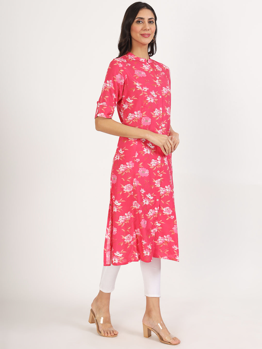 Women's Blue Floral Printed Rayon A-line Kurta - Taantav