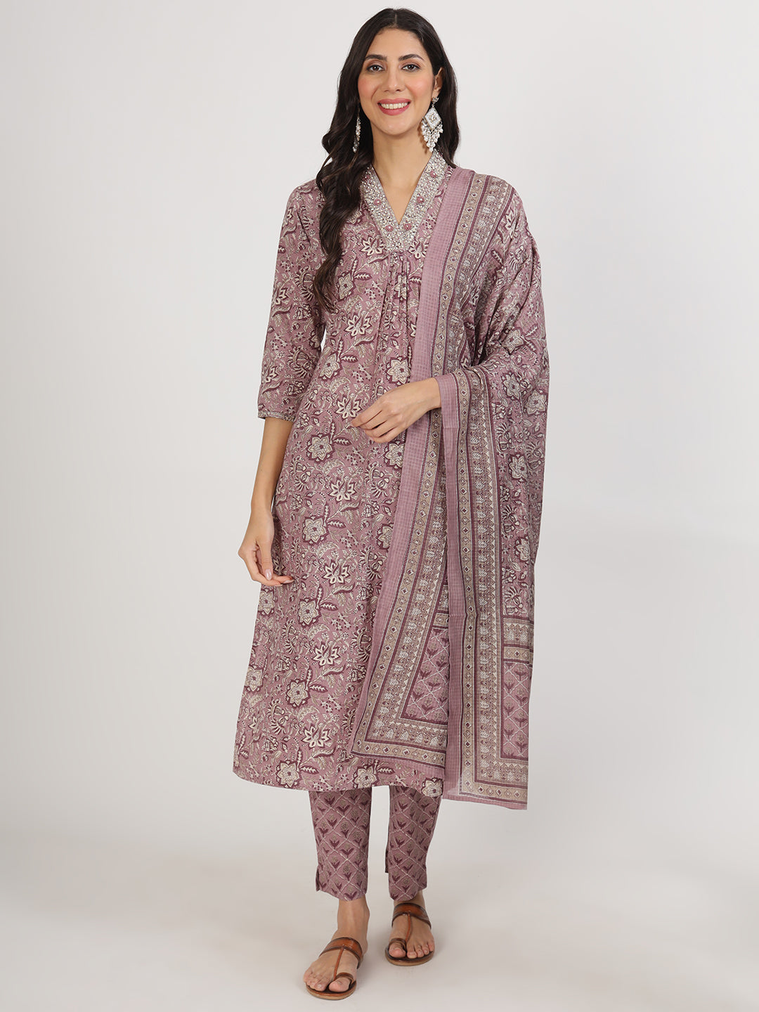 Women's Purple Floral Printed Cotton Kurta Sets - Taantav