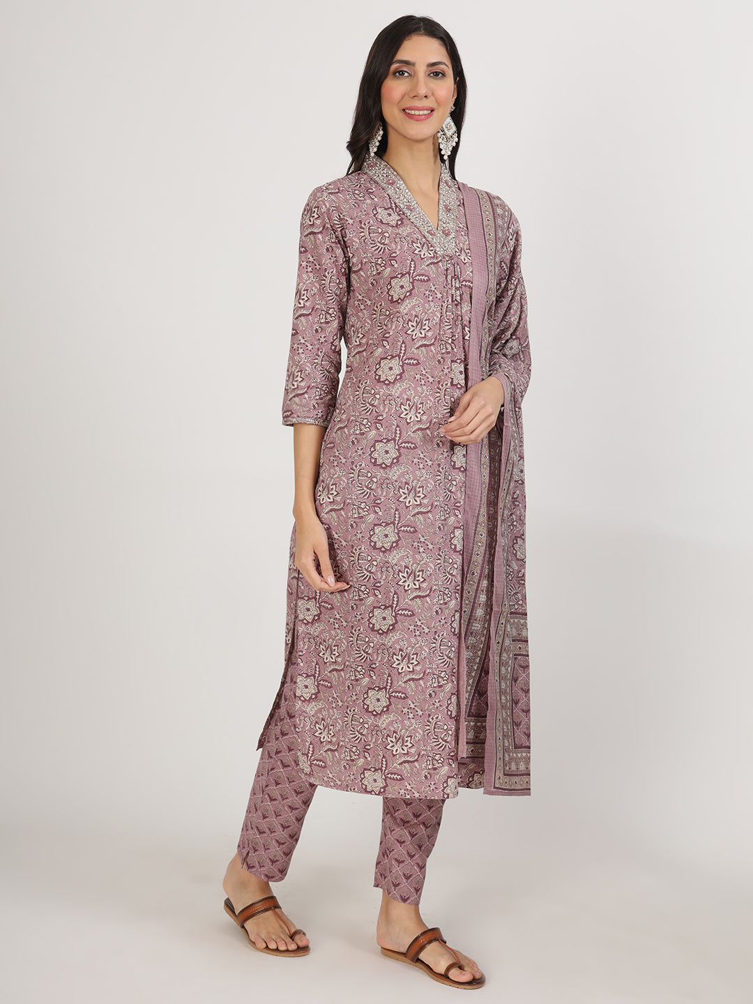 Women's Purple Floral Printed Cotton Kurta Sets - Taantav