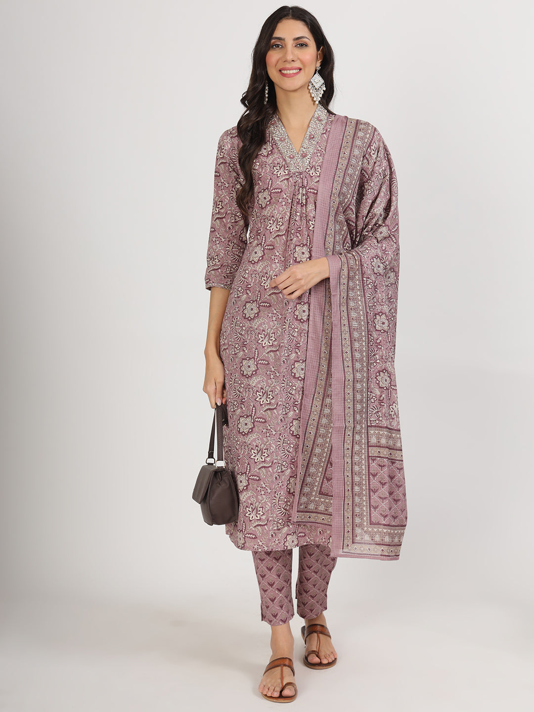 Women's Purple Floral Printed Cotton Kurta Sets - Taantav