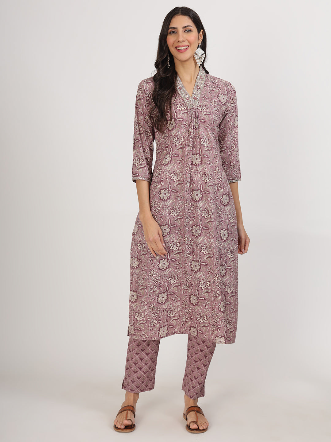 Women's Purple Floral Printed Cotton Kurta Sets - Taantav