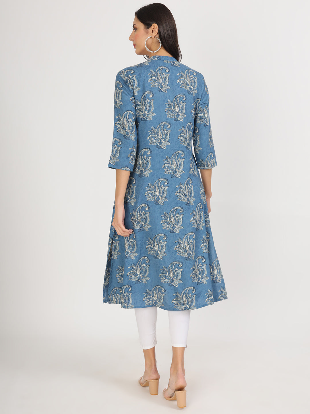 Women's Blue Floral Printed Rayon A-line Kurta - Taantav