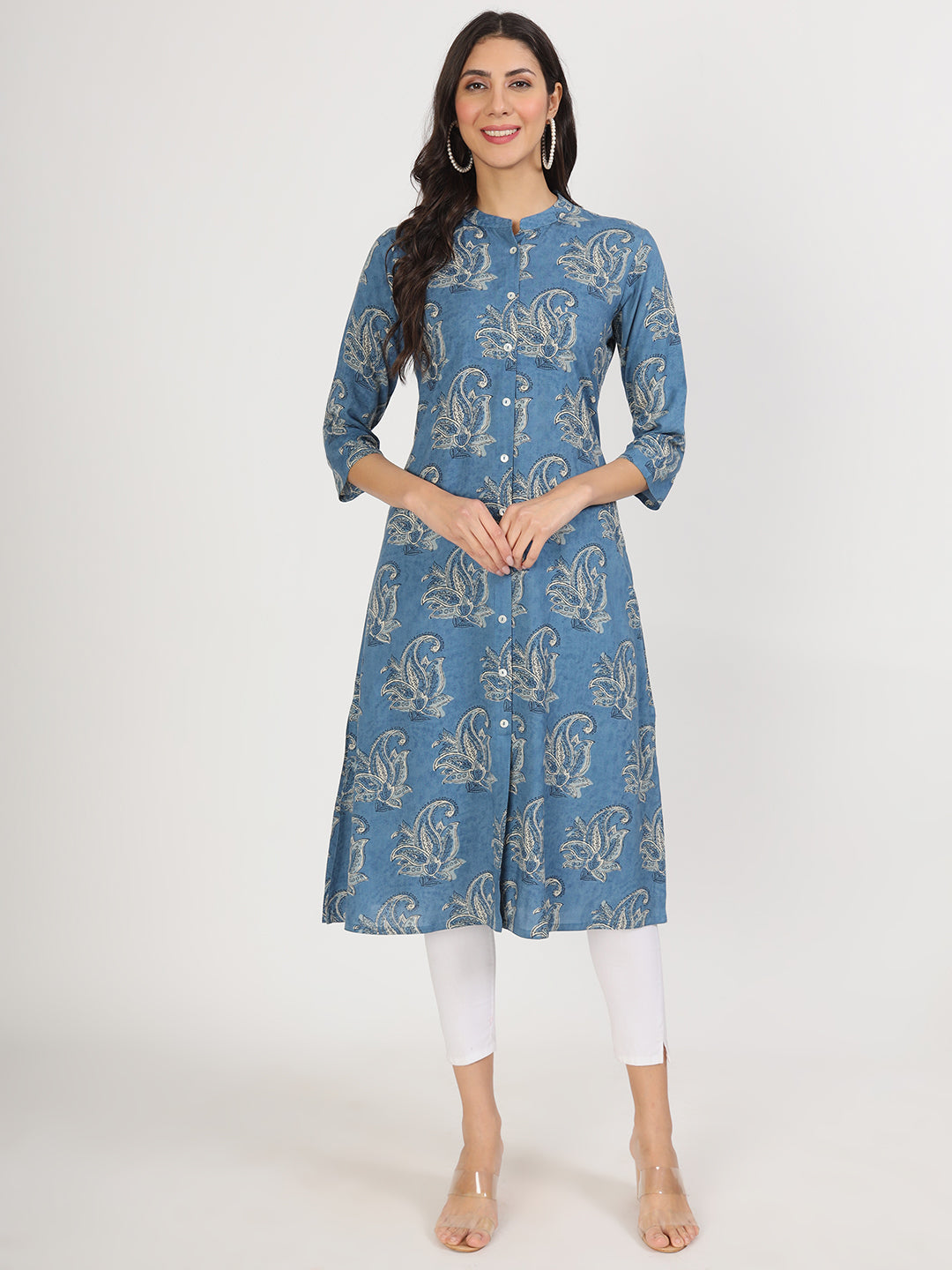 Women's Blue Floral Printed Rayon A-line Kurta - Taantav