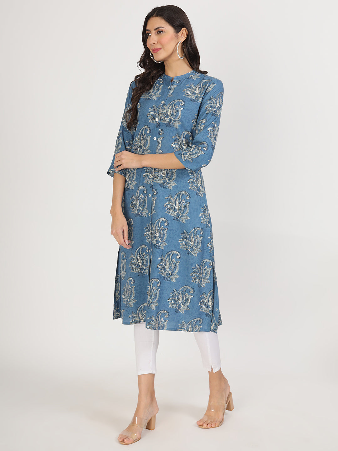 Women's Blue Floral Printed Rayon A-line Kurta - Taantav