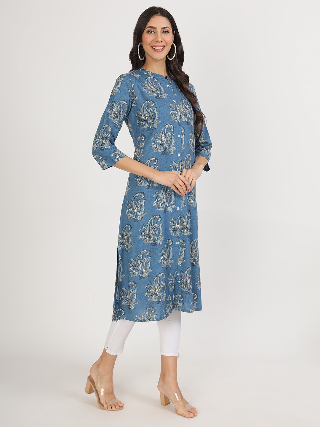 Women's Blue Floral Printed Rayon A-line Kurta - Taantav