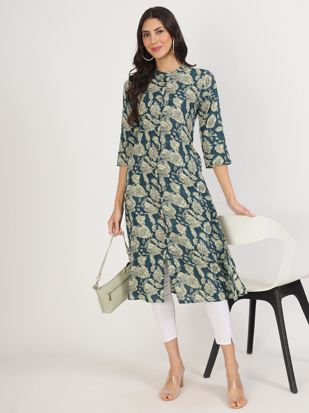 Women's Blue Floral Printed Rayon A-line Kurta - Taantav