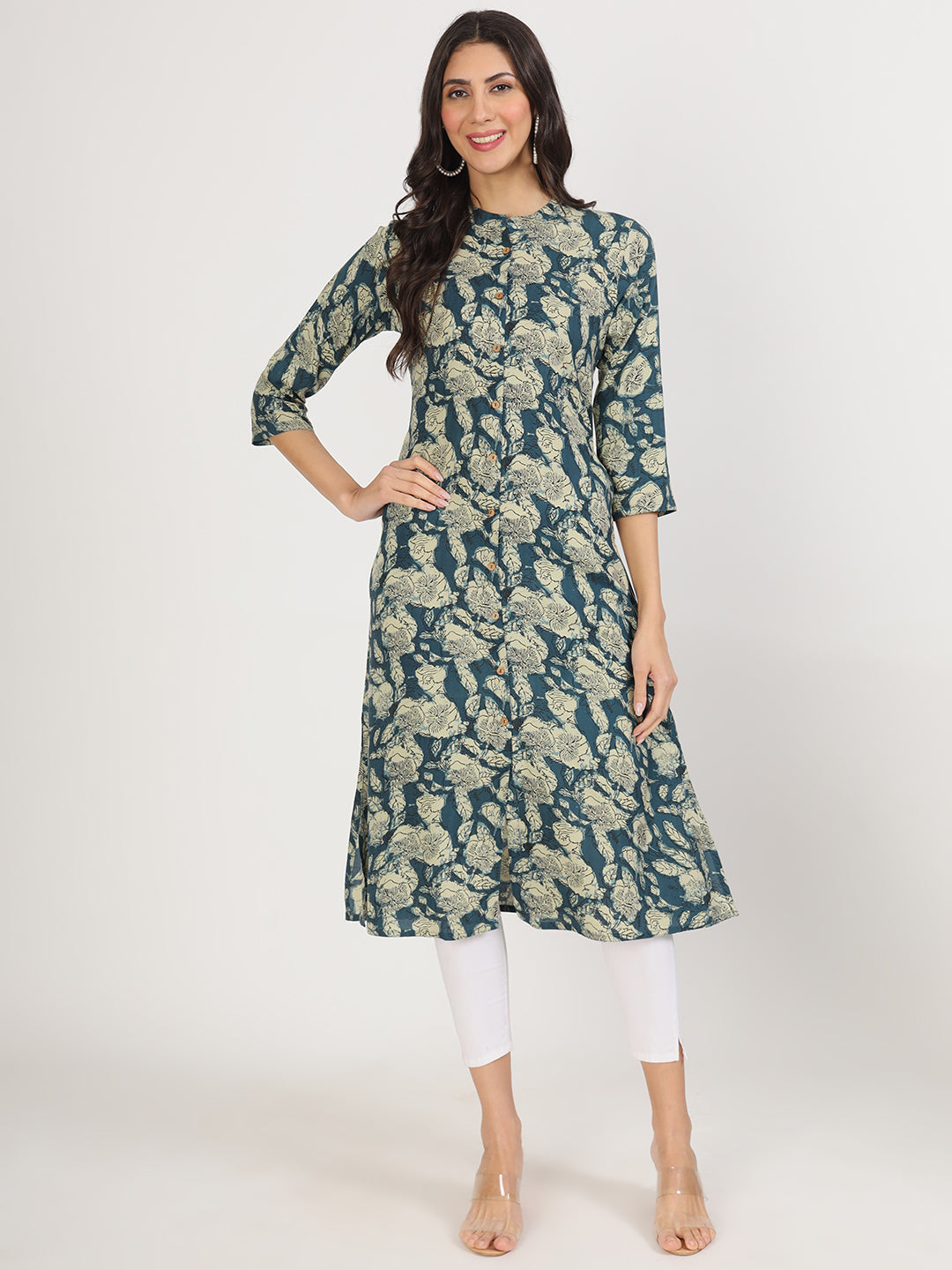 Women's Blue Floral Printed Rayon A-line Kurta - Taantav