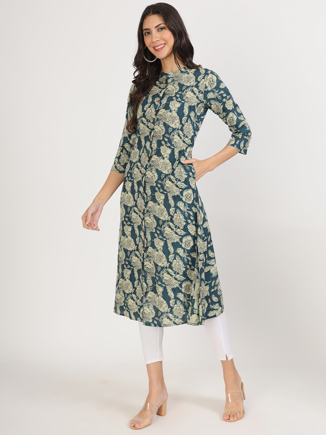 Women's Blue Floral Printed Rayon A-line Kurta - Taantav