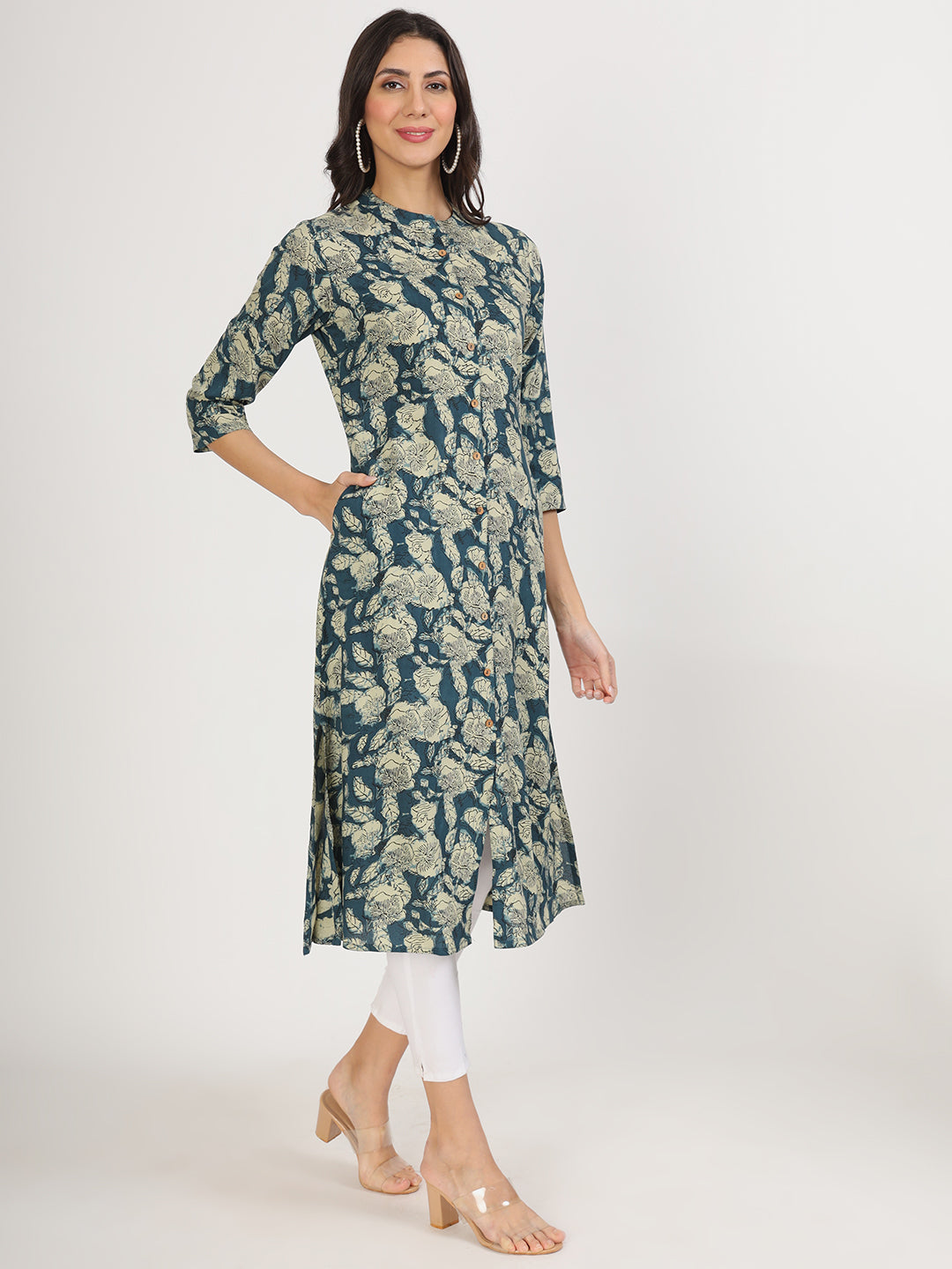 Women's Blue Floral Printed Rayon A-line Kurta - Taantav