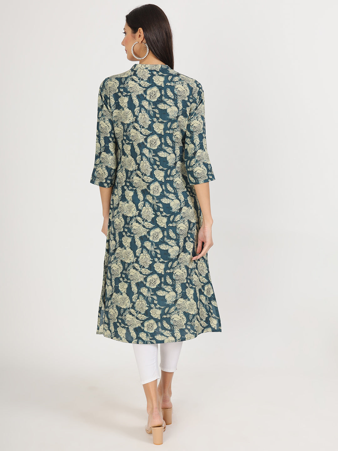 Women's Blue Floral Printed Rayon A-line Kurta - Taantav