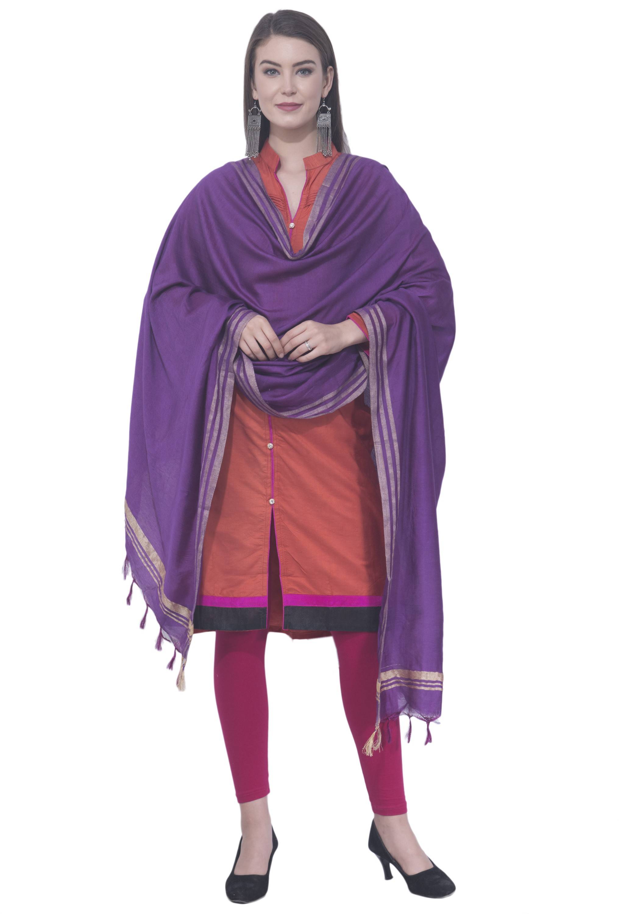 A R SILK Purple Color Golden border Cotton Dupattas